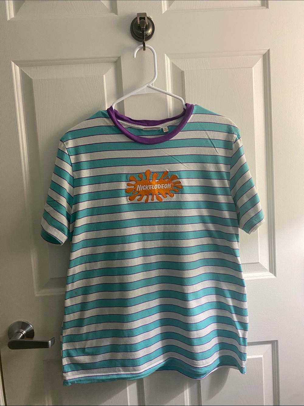 Nickelodeon Teal & White Striped Tee with Purple Neckline